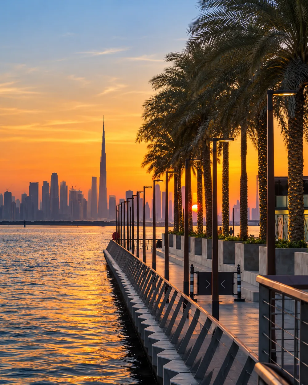 Dubai Creek Harbour sétánya naplementében