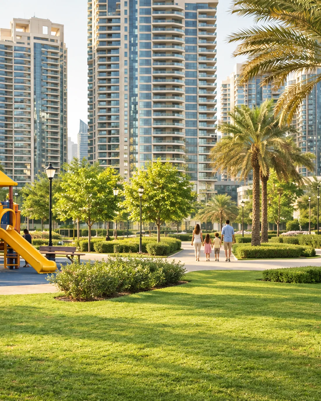 Játszótér és park egy dubaji lakóközösségben
